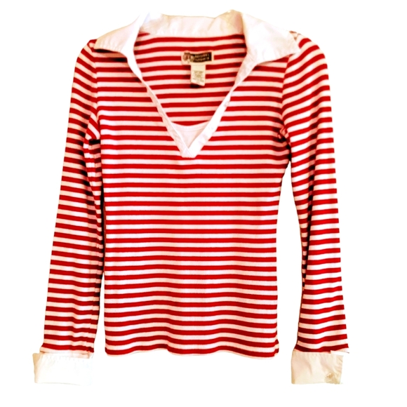 Route 66 Knit Top Trendy Stripes Collared V Neck  Striped Red and White Sz. S - Picture 1 of 6